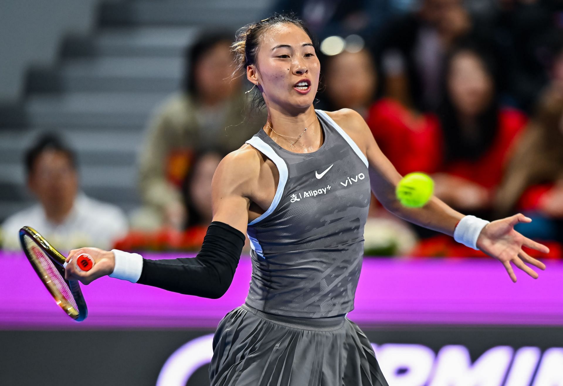 Zheng Qinwen of China competes in her round of 32 match against Ons Jabeur of Tunisia during the WTA Qatar TotalEnergies Open 2025 - Source: Getty