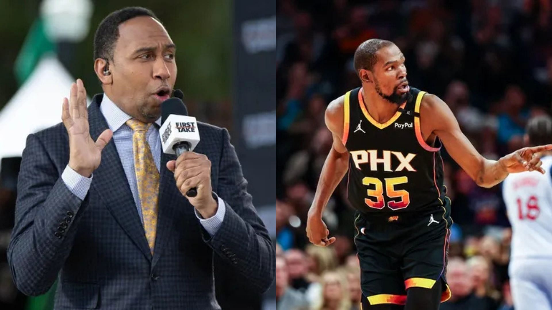 NBA Analyst Stephen A. Smith, Phoenix Suns forward Kevin Durant during an NBA game. Photo Credits: Imagn