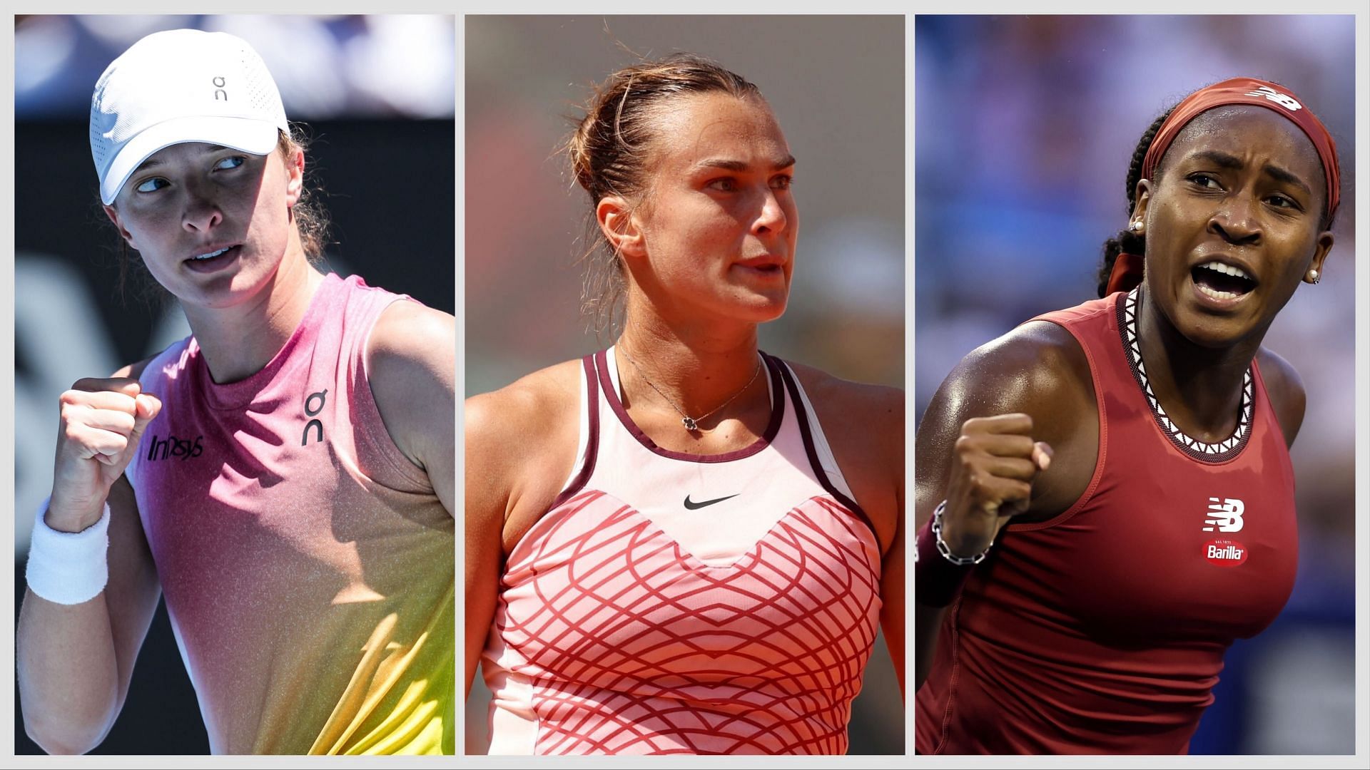 Aryna Sabalenka (middle) leads the WTA rankings this week, followed by Iga Swiatek (left) and Coco Gauff (right). (Photos: Getty)