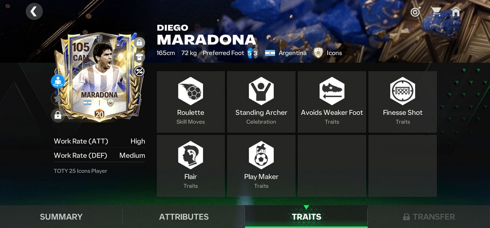 EA FC Mobile TOTY 25 Diego Maradona card traits (Image via EA Sports)