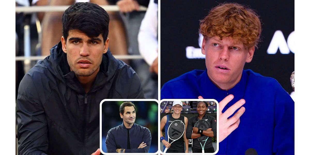 Carlos Alcaraz (L); Roger Federer, Iga Swiatek and Coco Gauff (inset); Jannik Sinner (R) (Image Source: Getty)