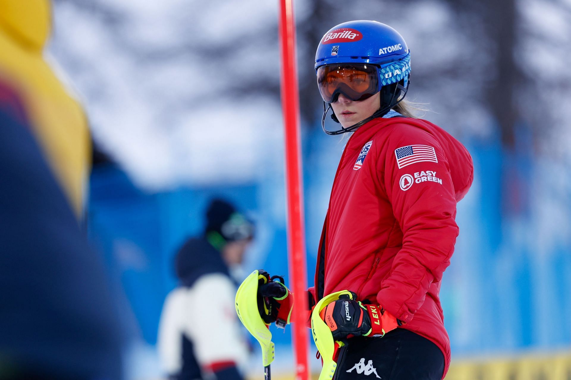 Mikaela Shiffrin looks on at the Audi FIS Alpine Ski World Cup - Women&#039;s Slalom - (Source: Getty)