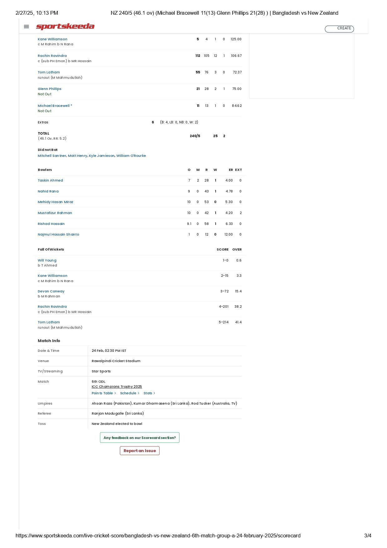 NZ vs BAN 2025 CT scorecard. [Pic credits: Sportskeeda]
