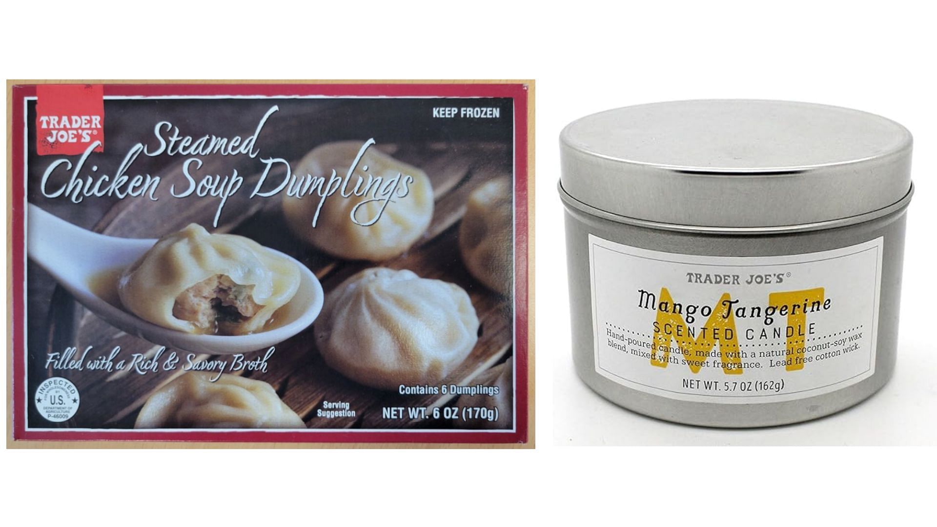 Trader Joe&rsquo;s Chicken Soup Dumplings &amp; Mango Tangerine Scented Candle (Images via FSIS &amp; Amazon)