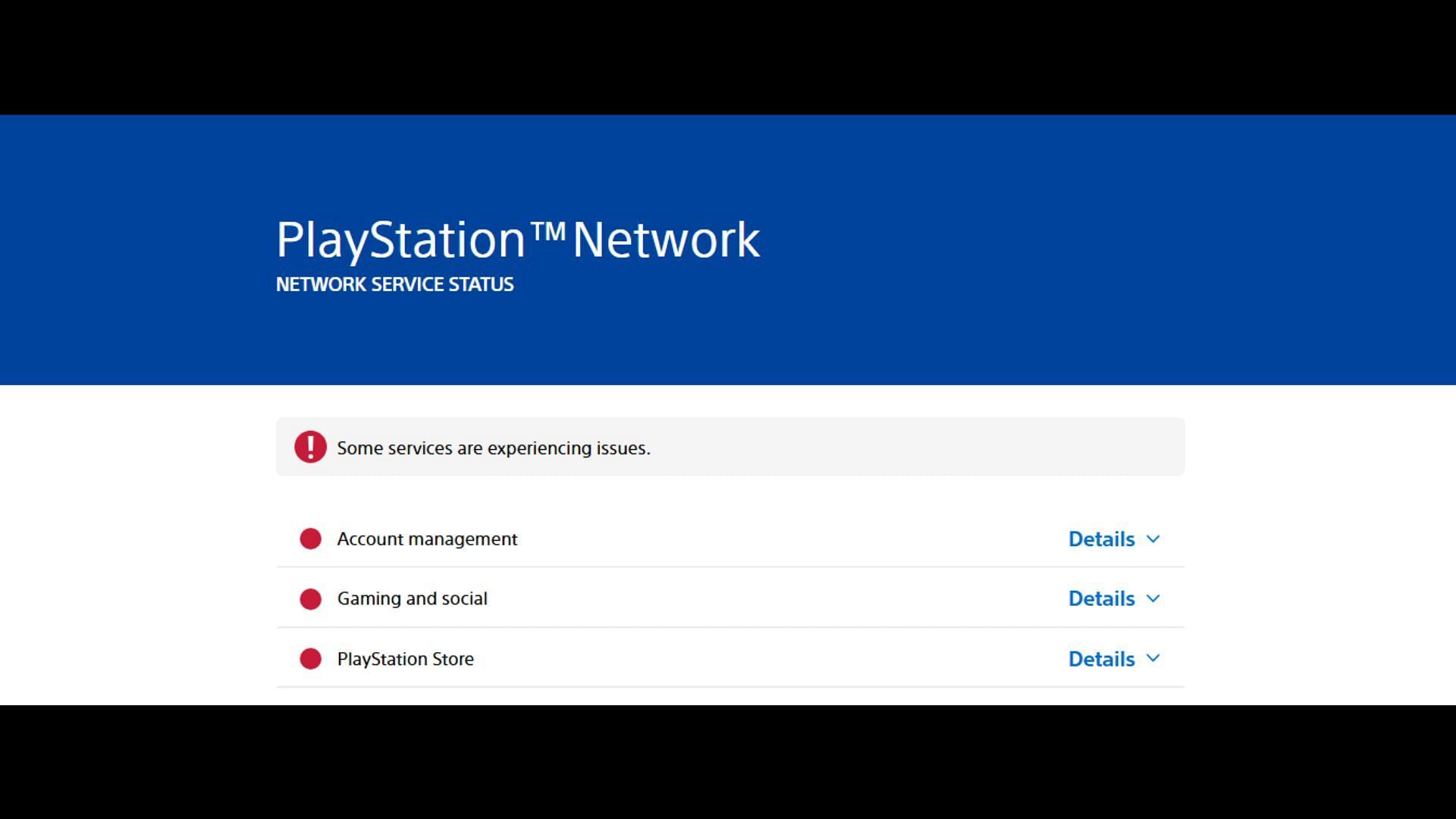 Screenshot of the PSN Service Status page at the time of this writing (Image via PlayStation)