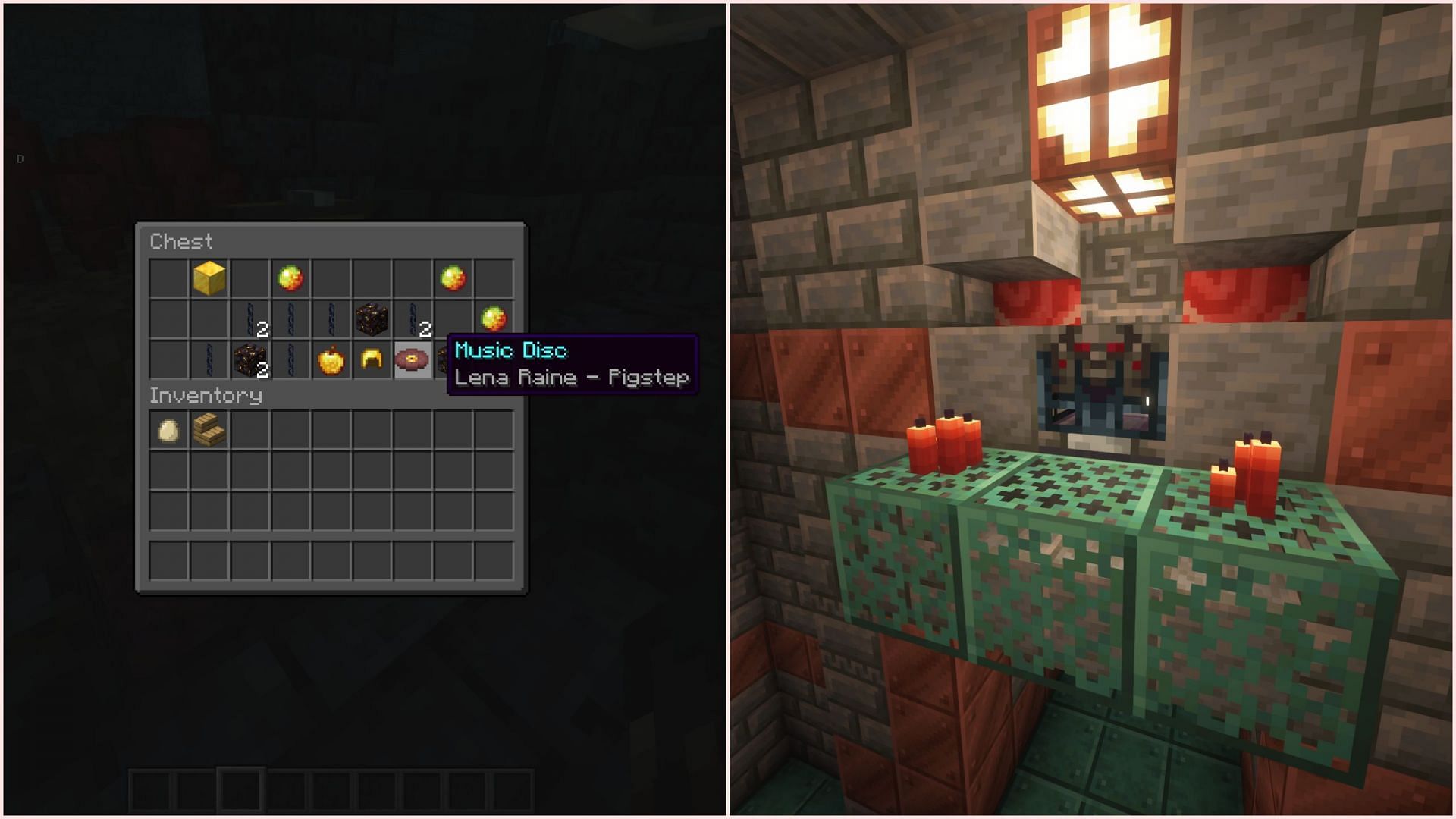 Many music discs are found as chest loot in different structures (Image via Image via Mojang Studios || Sportskeeda Gaming)