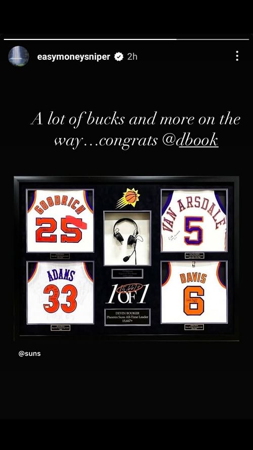 Kevin Durant pays tribute to Devin Booker's milestone. Image source: IG.com/easymoneysniper