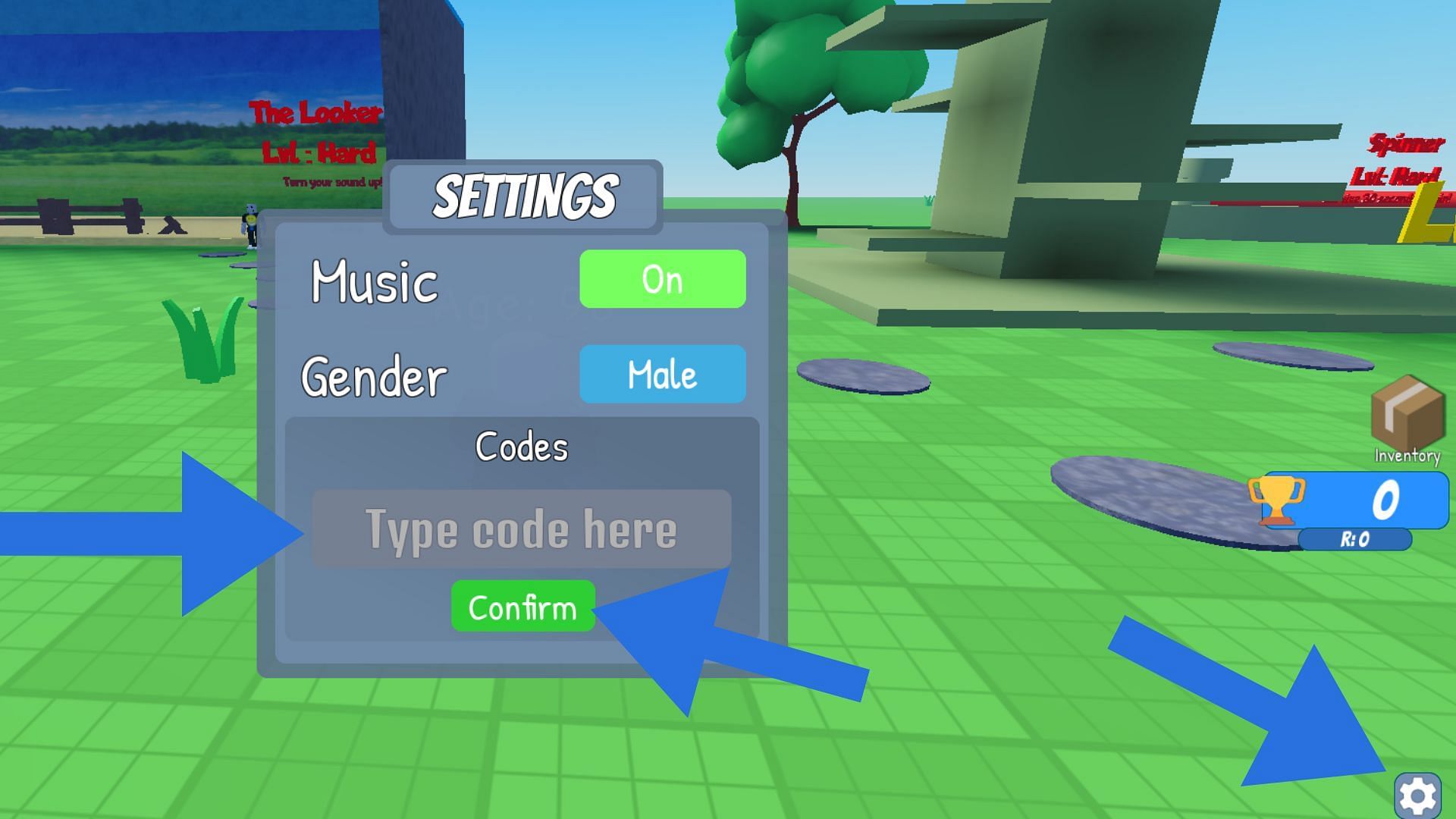 Click on Settings to access the code redemption window (Image via Roblox)