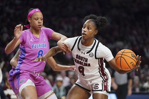 Joyce Edwards (#8) of the South Carolina Gamecocks dribbles the ball against Me'Arah O'Neal (#8) of the Florida Gators during the first quarter of their NCAA women's basketball game at Colonial Life Arena on February 13, 2025 in Columbia, South Carolina. Photo: Getty