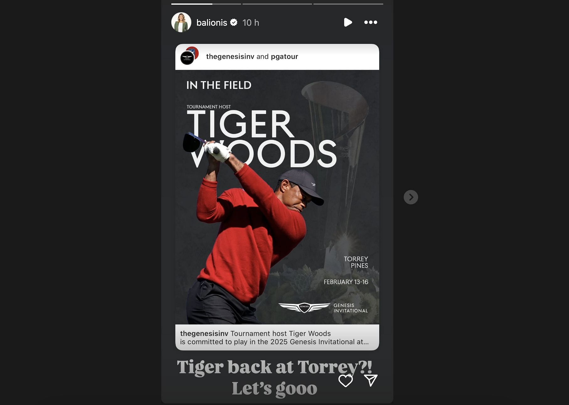 Amanda Balionis shares excitement over Tiger Woods&#039; return to the PGA Tour (image via instagram@balionis)