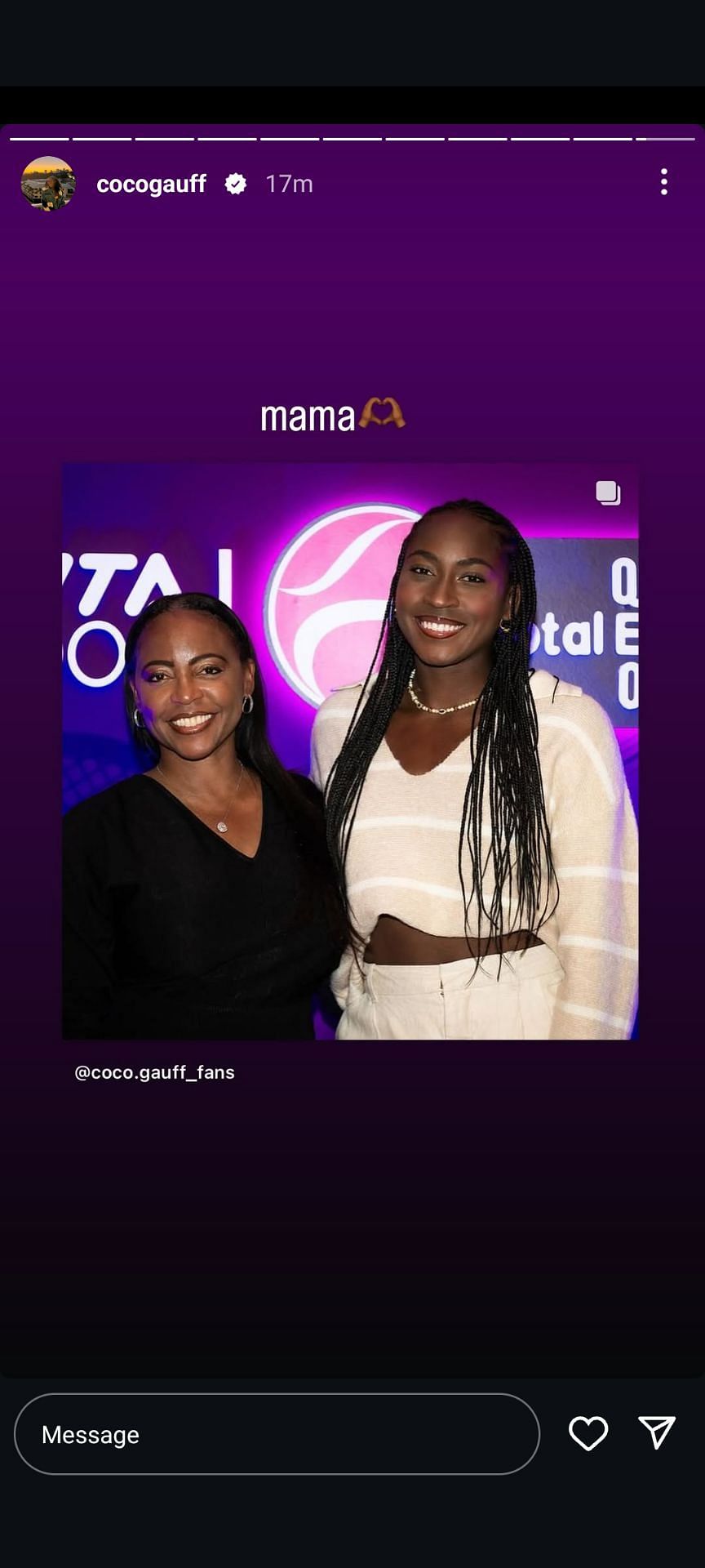 Candi Gauff (left) and Coco Gauff (right) at the 2025 Qatar TotalEnergies Open player party (Source: Instagram/Coco Gauff)