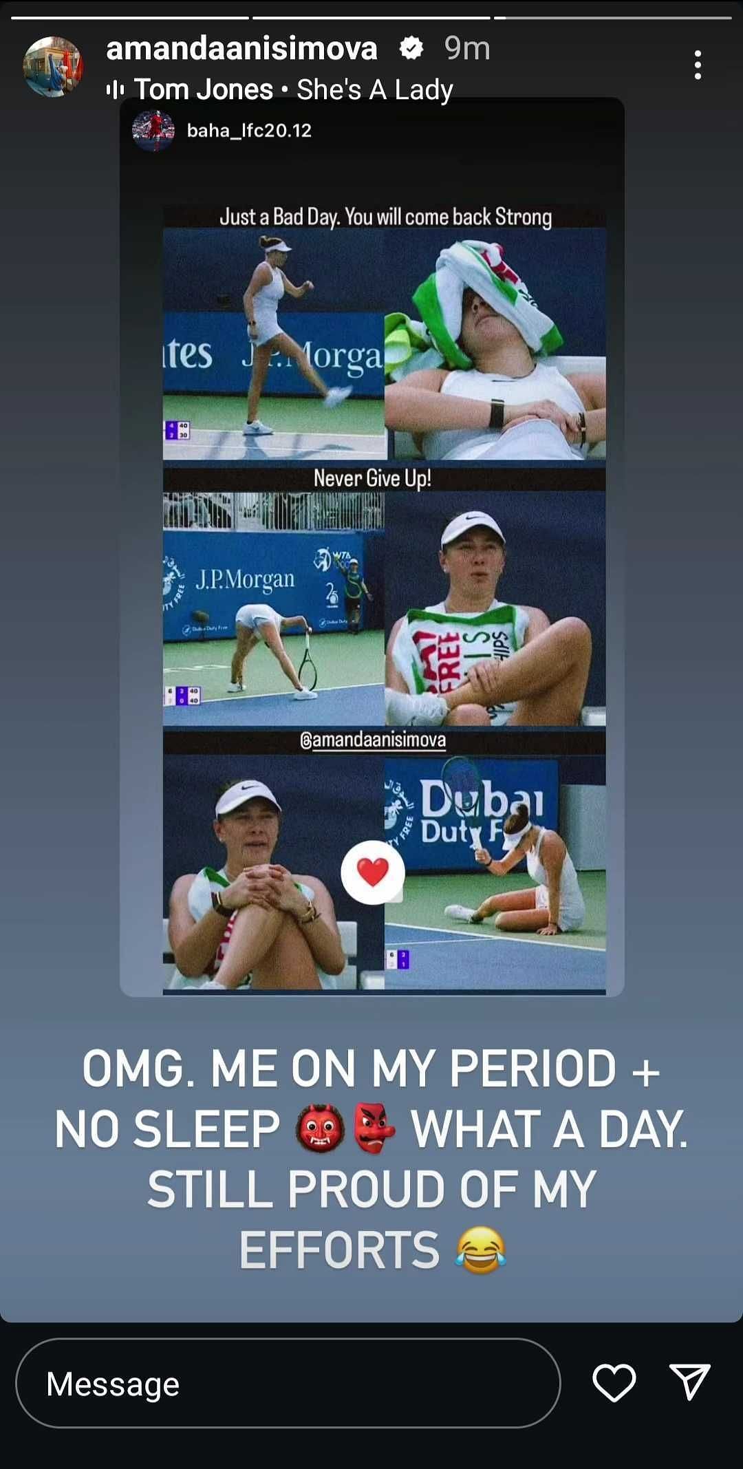 Amanda Anisimova explains her First round loss in Dubai, (Source: Instagram)