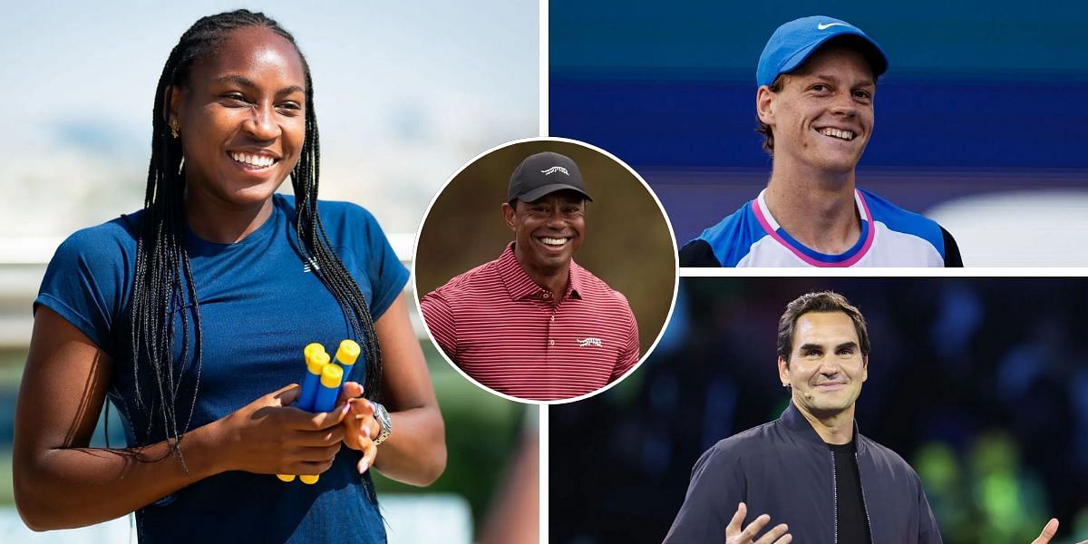 Coco Gauff (Left), Jannik Sinner (Top-Right), Roger Federer(Down-Right) and Tiger Woods (Centre) - Source: Getty