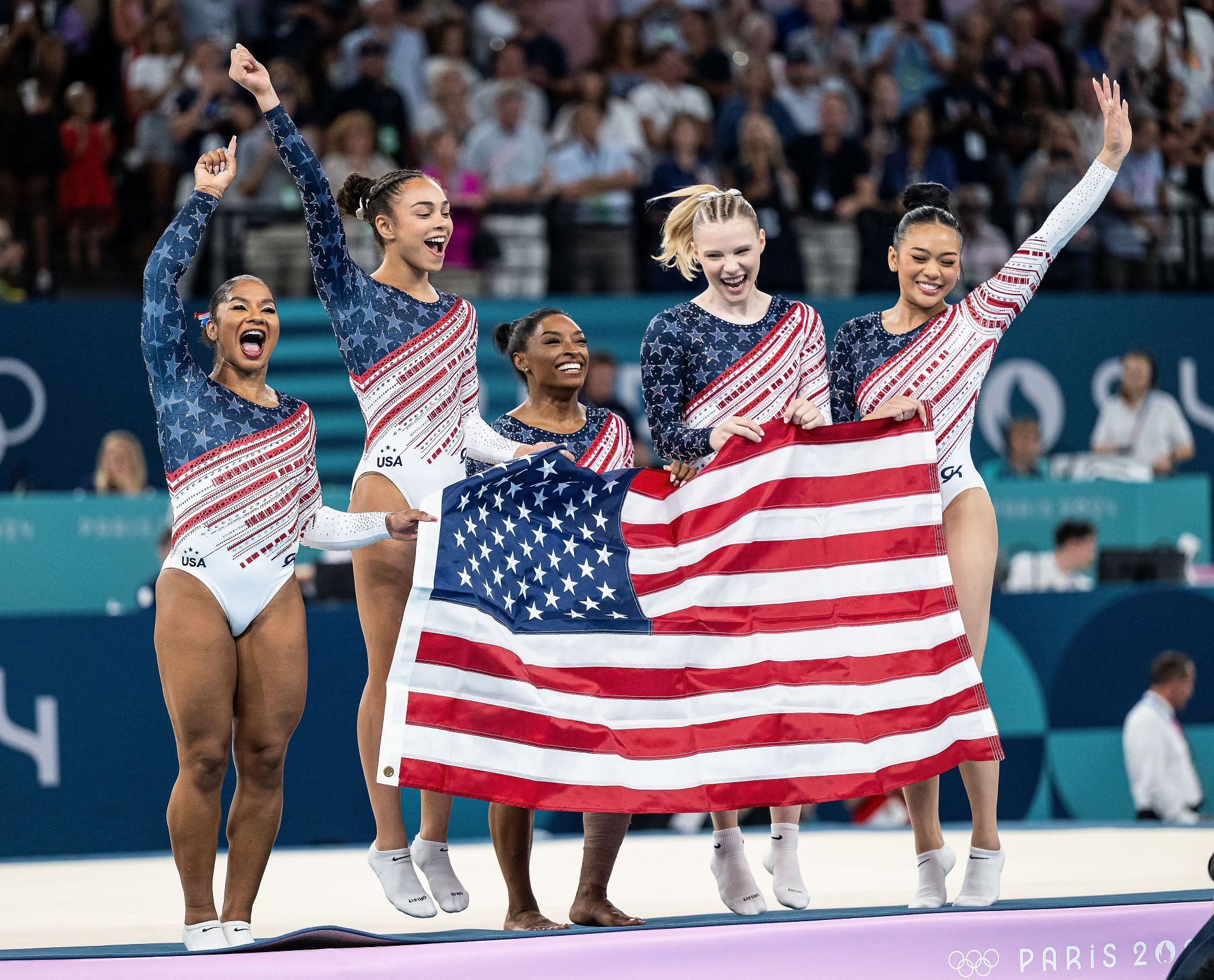 Jordan Chiles, Hezly Rivera, Simone Biles, Jade Carey and Sunisa Lee at Paris Olympics (Photo: Getty Images)