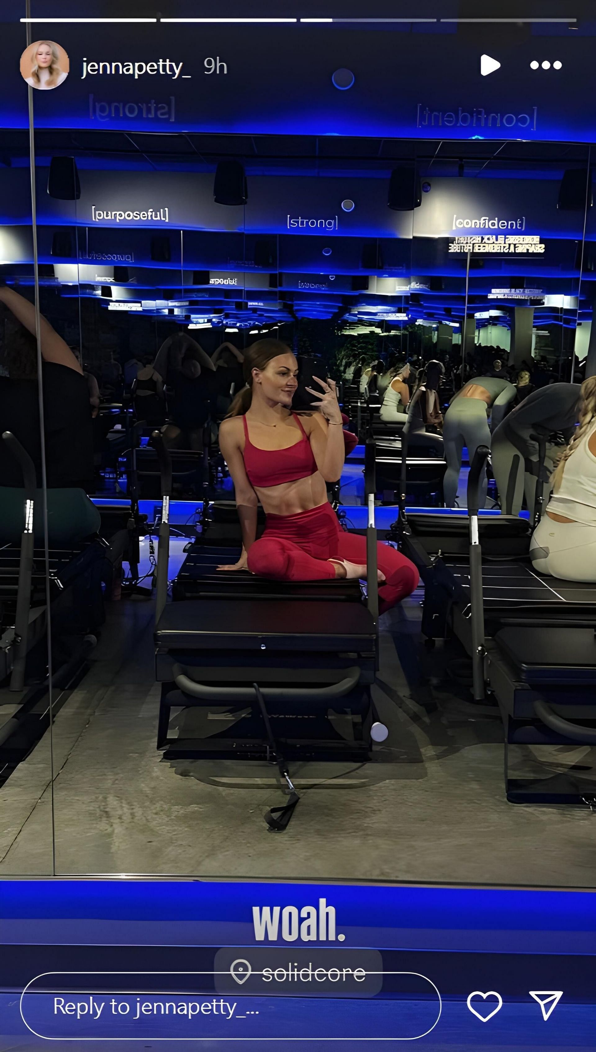 Jenna Petty&#039;s Instagram story featuring her in a maroon workout set on a gym equipment, where she is seen flaunting her abs in a mirror selfie. Source: via Instagram, @jennapetty