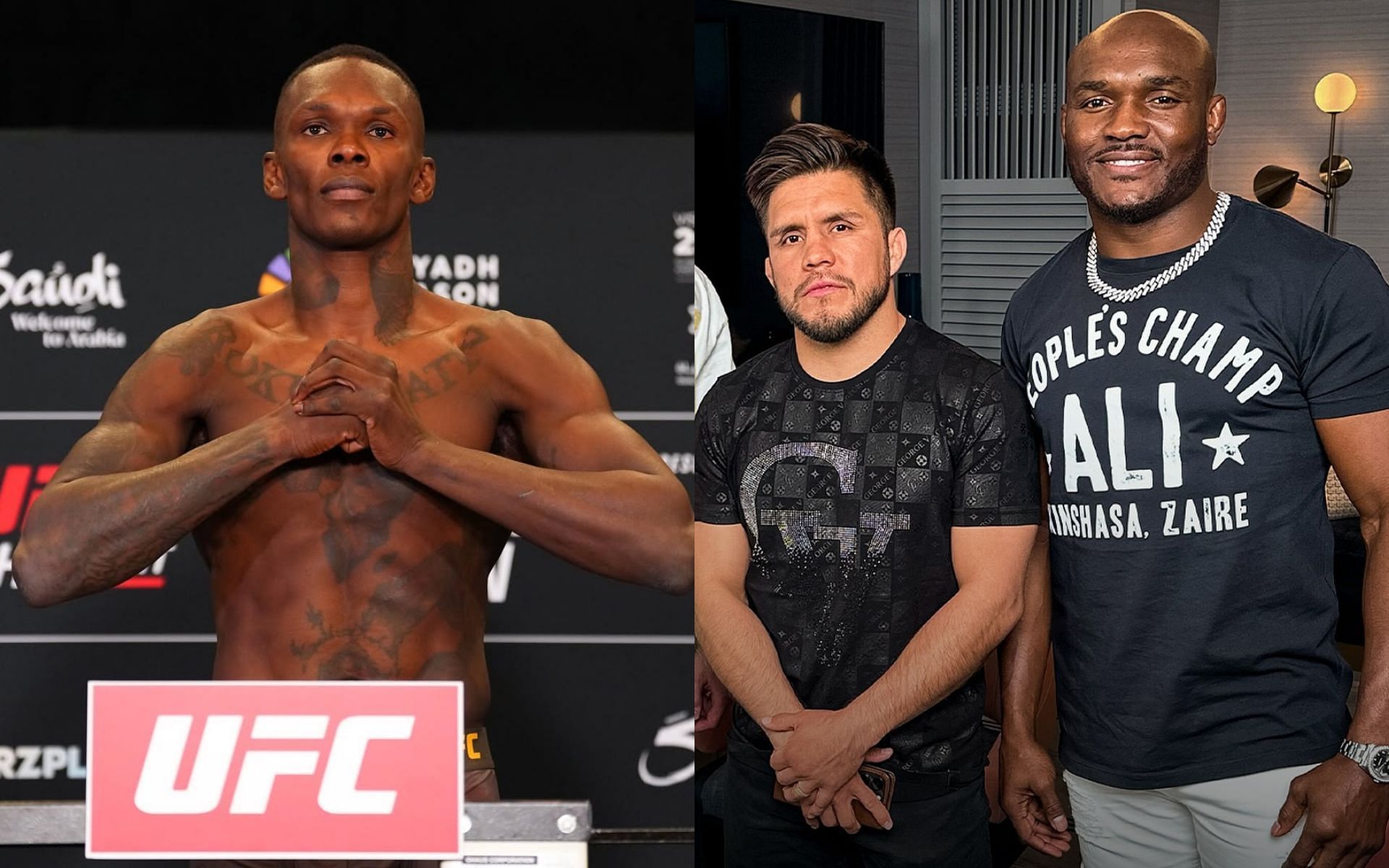 Kamaru Usman (right) and Henry Cejudo (middle) discuss Israel Adesanya&rsquo;s (left) next move. [Images courtesy: @ufcespanol and @pound4pound on Instagram]