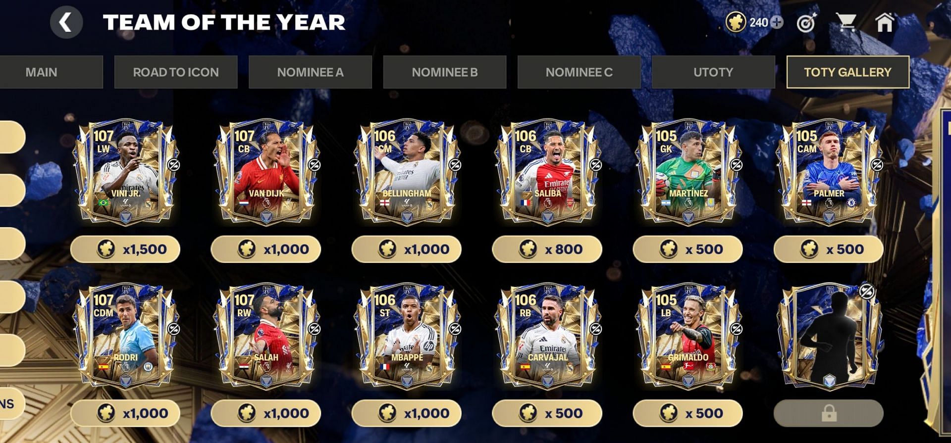 All EA FC Mobile UTOTY players and their respective TOTY Shard requirements, with just the 12th Man pending (Image via EA Sports)