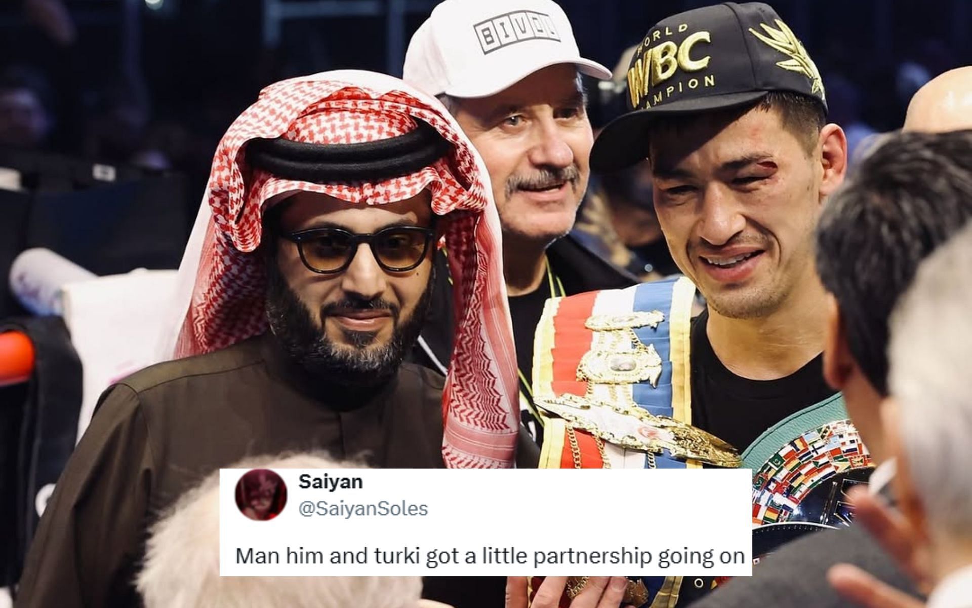 Fans react to Dmitry Bivol (right) giving his fight apparel to Turki Alalshikh (left). [Image courtesy: @turkialalshik on Instagram]