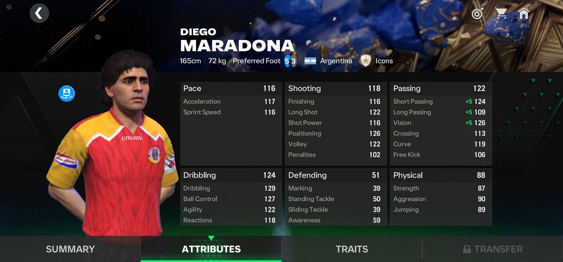 EA FC Mobile TOTY 25 Diego Maradona, orange-ranked, 20 levels trained; Attributes details (Image via EA Sports)