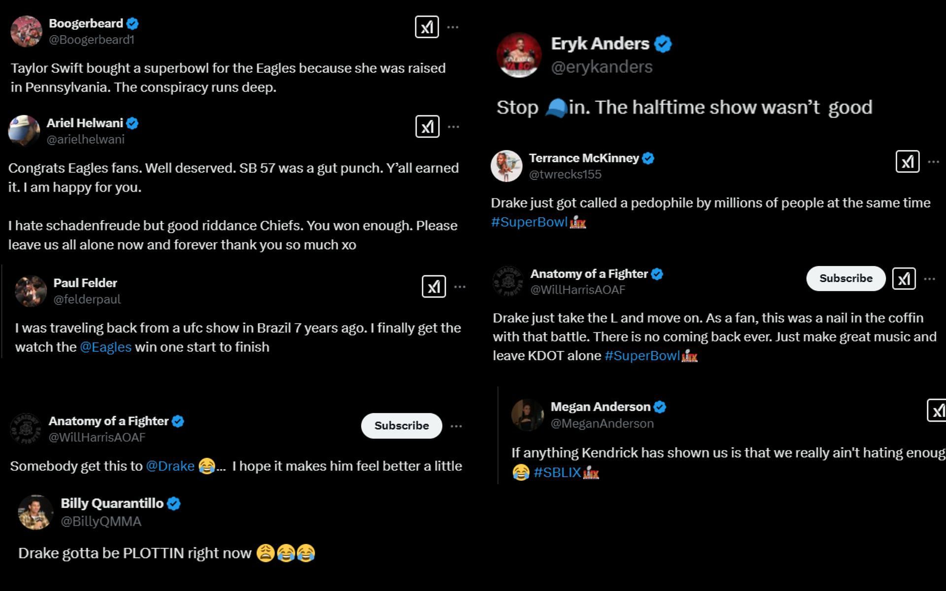 Pros react to Super Bowl LIX and halftime show. [Screenshots courtesy: Accounts on X]