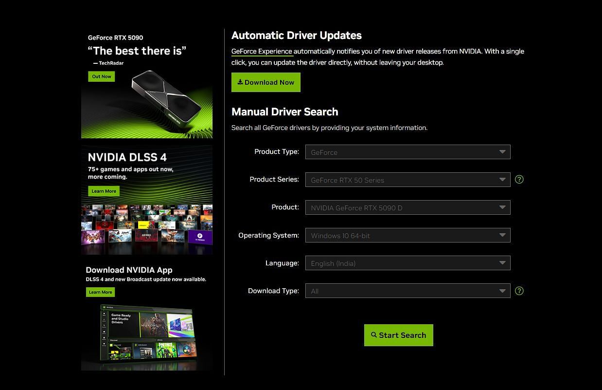 The Nvidia GPU driver download page (Image via Nvidia)