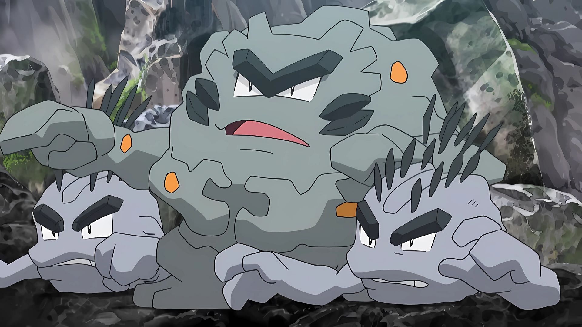 Alolan Graveler (in the middle), as seen in the anime. (Image via The Pokemon Company)