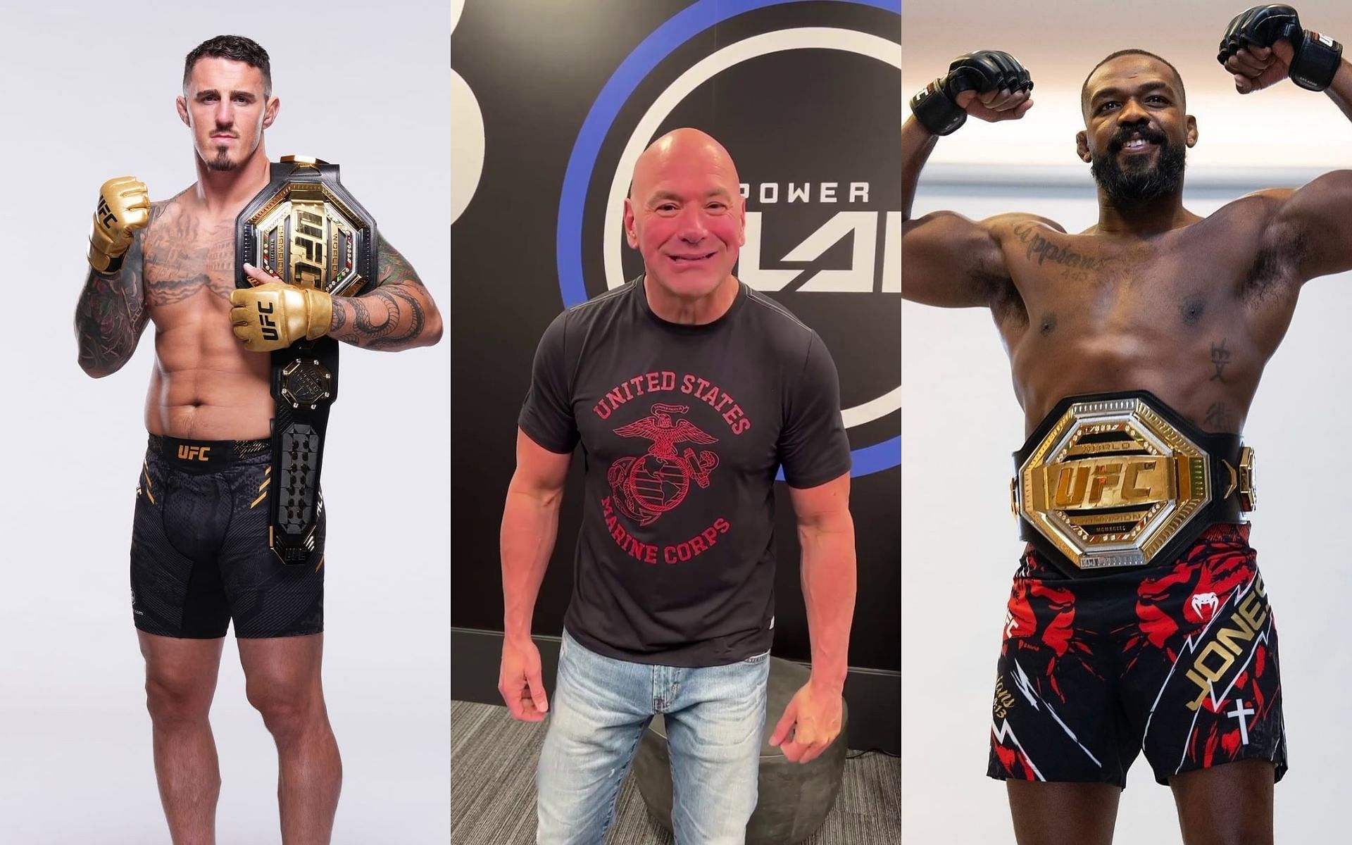 Dana White (center) expects Jon Jones (right) to face Tom Aspinall (left) next. [Images courtesy: @tomaspinallofficial, @danawhite and @tntsportsufc on Instagram]