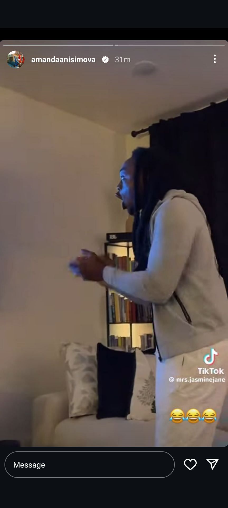 Anisimova&#039;s Instagram Story featuring a man&#039;s jubilant reaction to Serena Williams&#039; crip walk performance at Super Bowl LIX (Source: Instagram/Amanda Anisimova)