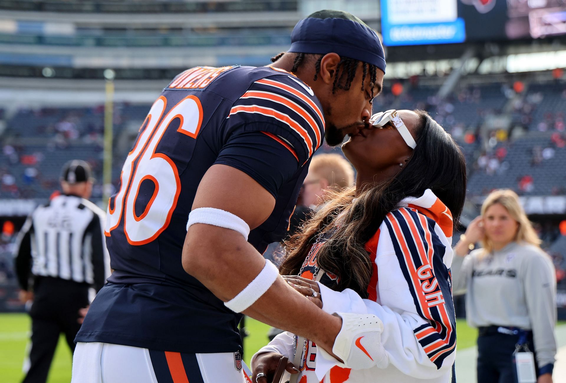 Simone Biles and Jonathan Owens during New England Patriots v Chicago Bears - Source: Getty.