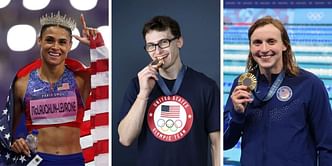 Stephen Nedoroscik reacts after being named semi-finalist alongside Sydney McLaughlin-Levrone and Katie Ledecky for prestigious award