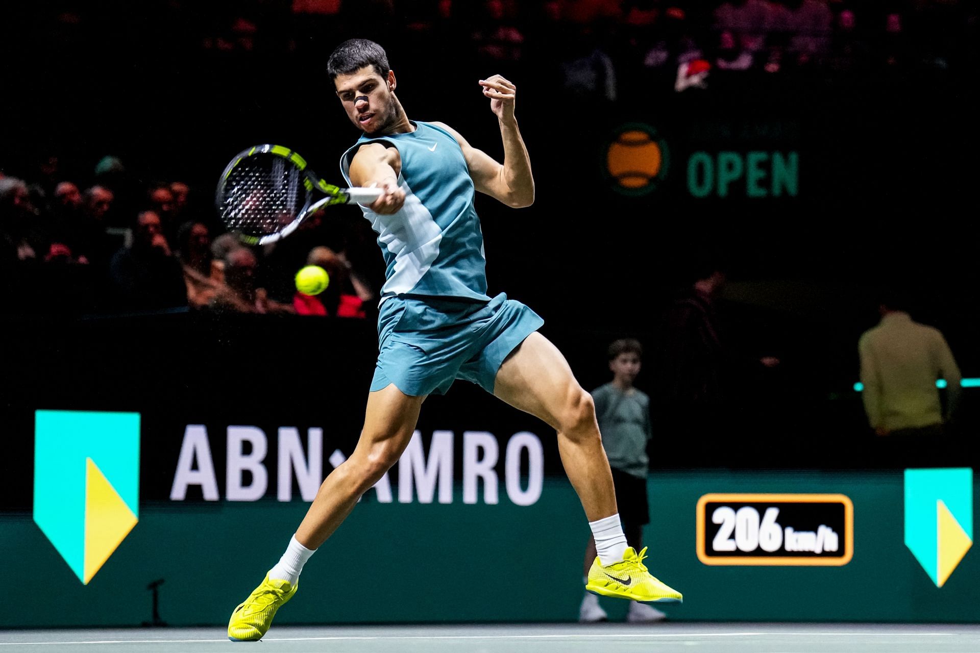 Alcaraz plays a forehand in the ABN AMRO Open - Day Four - Source: Getty