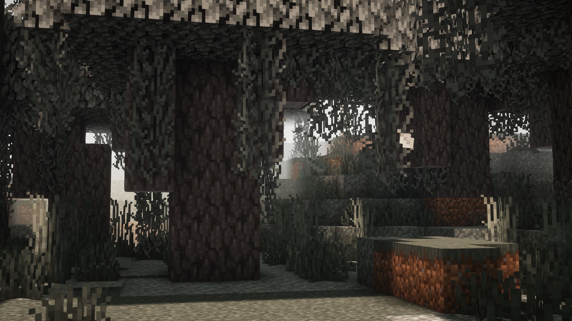 Gray leaves fell from pale oak trees (Image via Sportskeeda Gaming/Mojang)