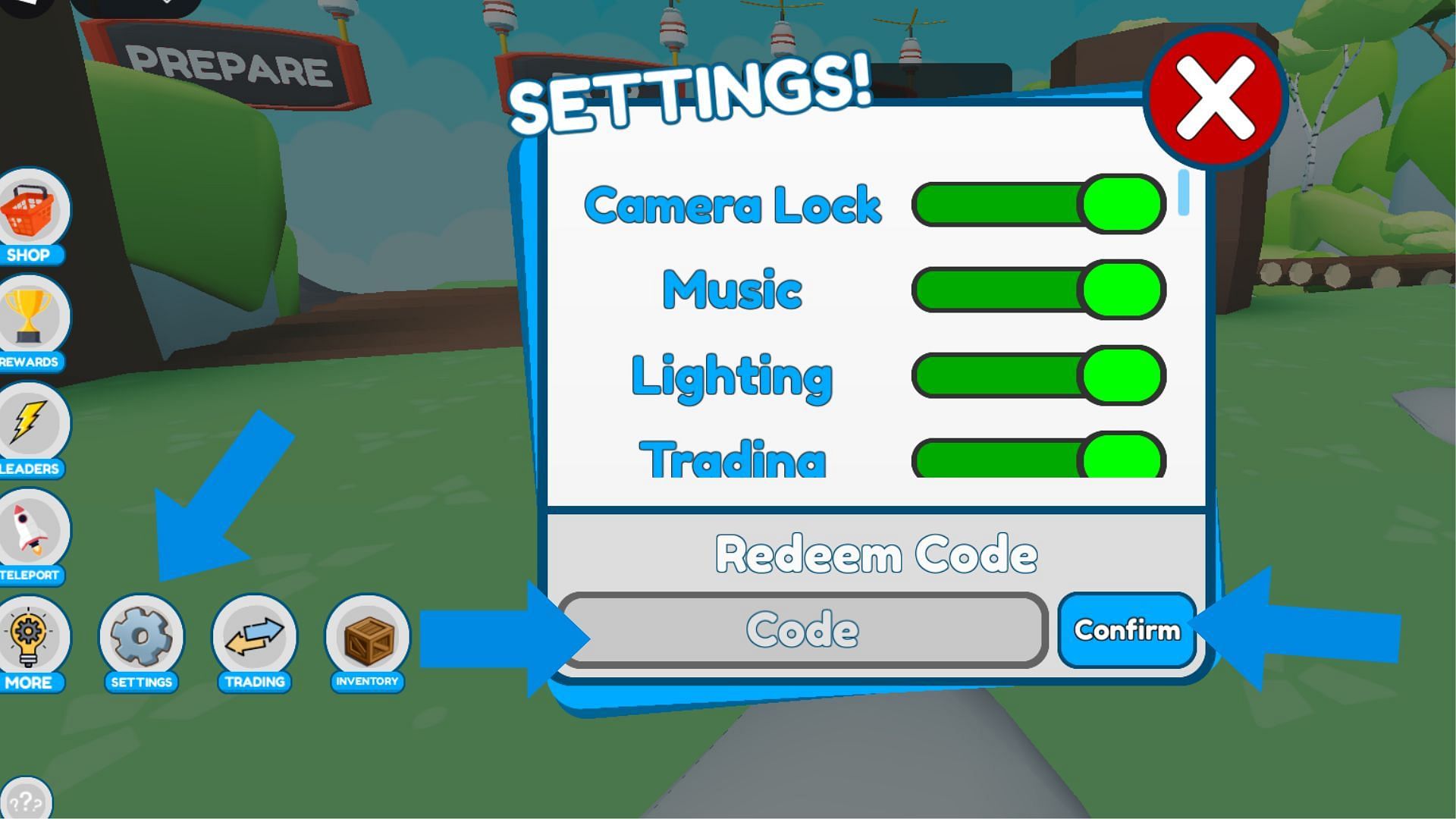 The code redemption box can be found in &quot;Settings&quot; (Image via Roblox)