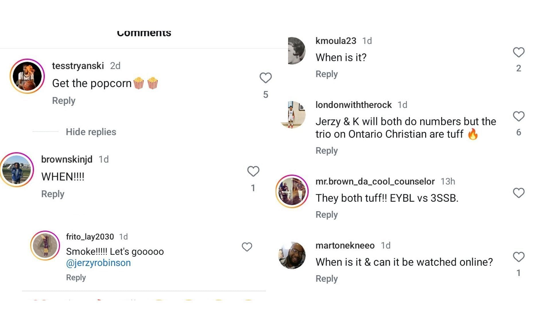 &quot;Get the popcorn,&quot; Hoops fans react to the upcoming match between elite high school hoopers Kaleena Smith and Jerzy Robinson. (Image via Instagram @overtimeselect)