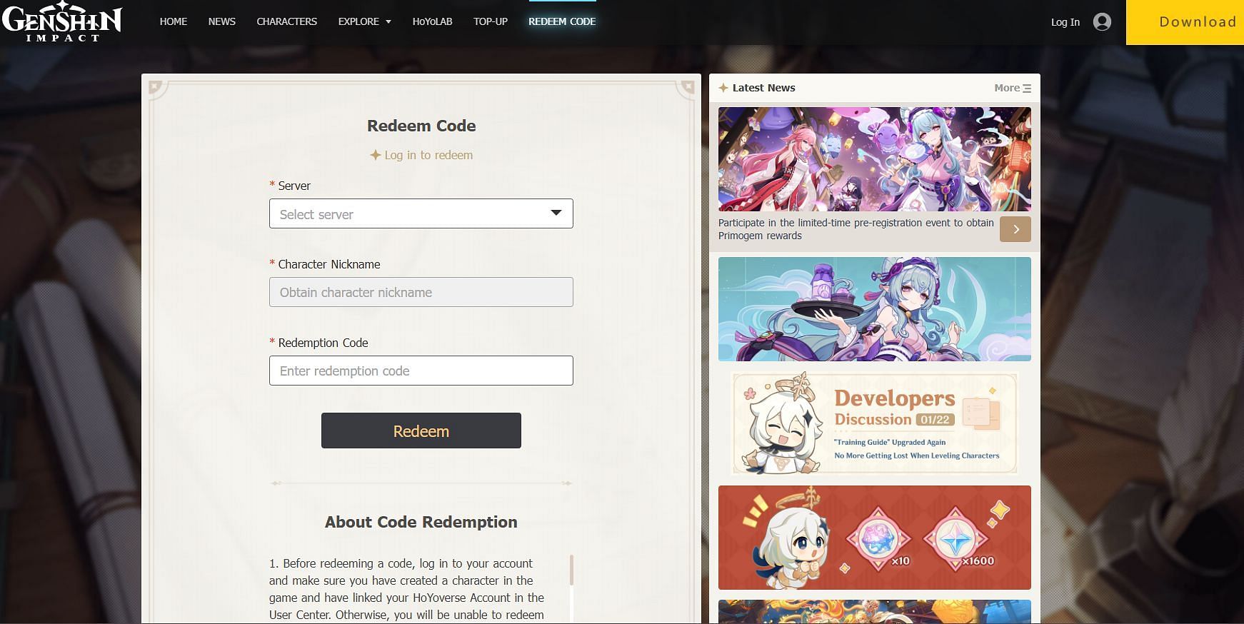 Redeem codes on the website (Image via HoYoverse)