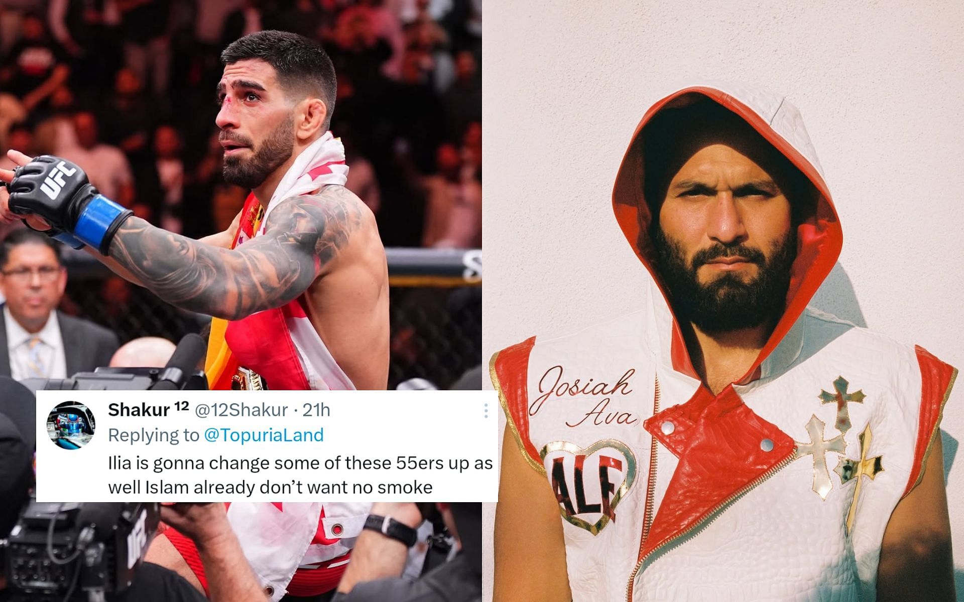 Fans react to Jorge Masvidal (right) backing Ilia Topuria&rsquo;s (left) massive frame claims. [Images courtesy: @iliatopuria and @gamebredfighter on Instagram]