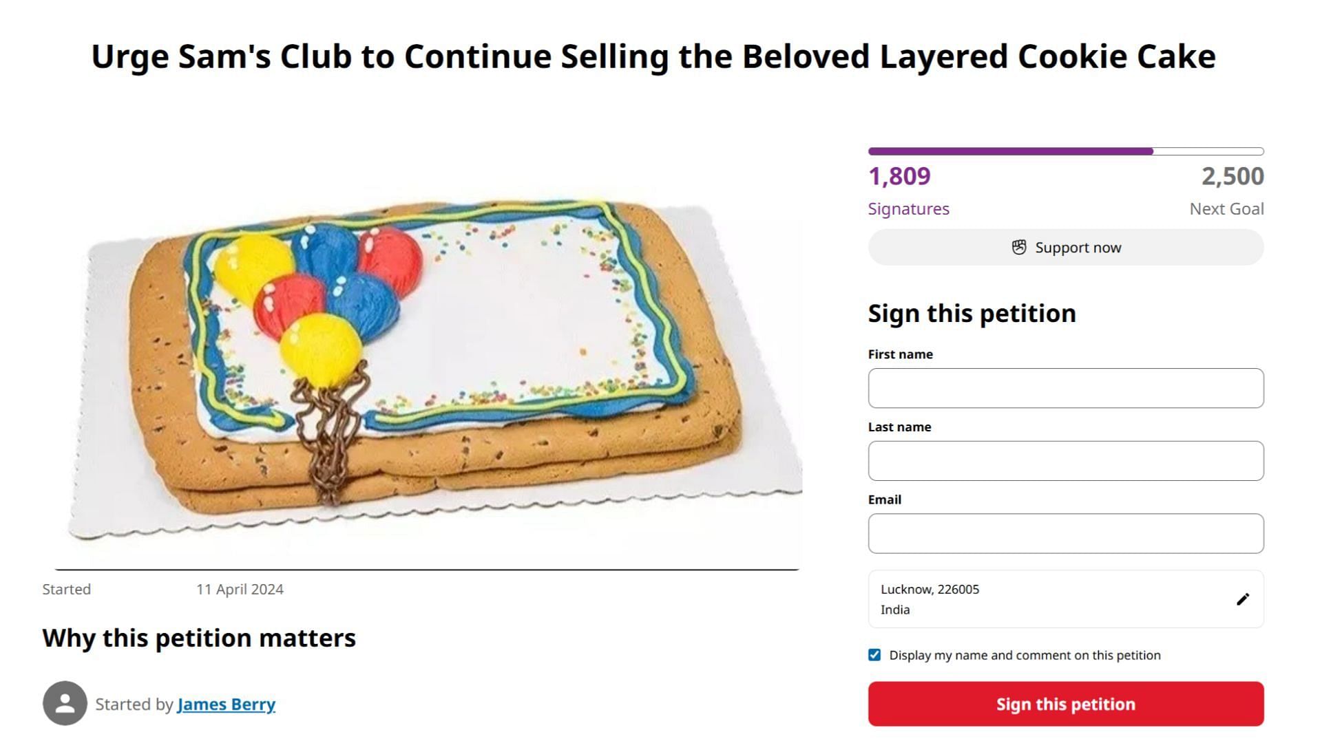 A petition demanding the return of the cookie cake (Image via Change.org)