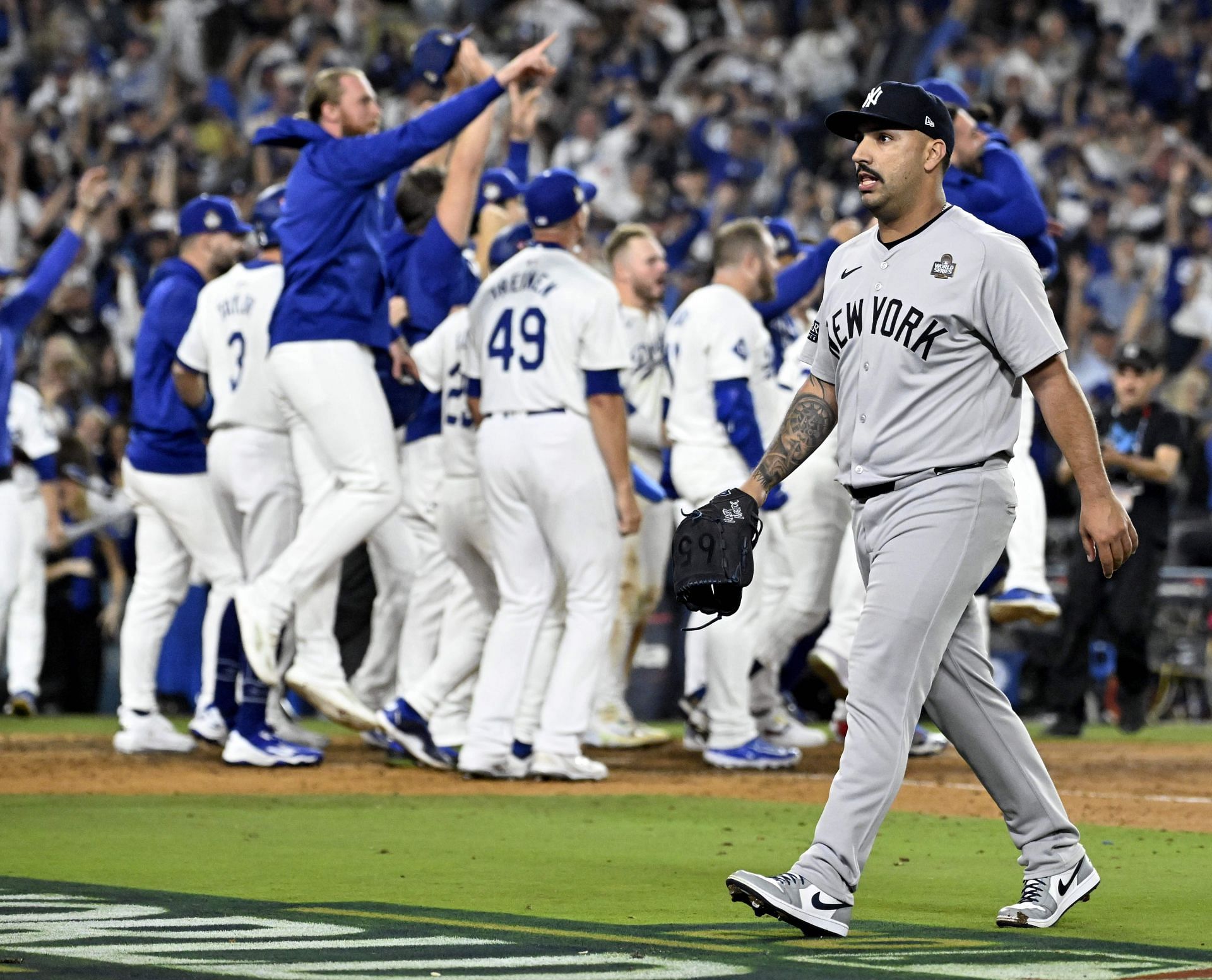 Los Angeles Dodgers defeat the New York Yankees 6-3 and win Game 1 of a World Series baseball game. - Source: Getty