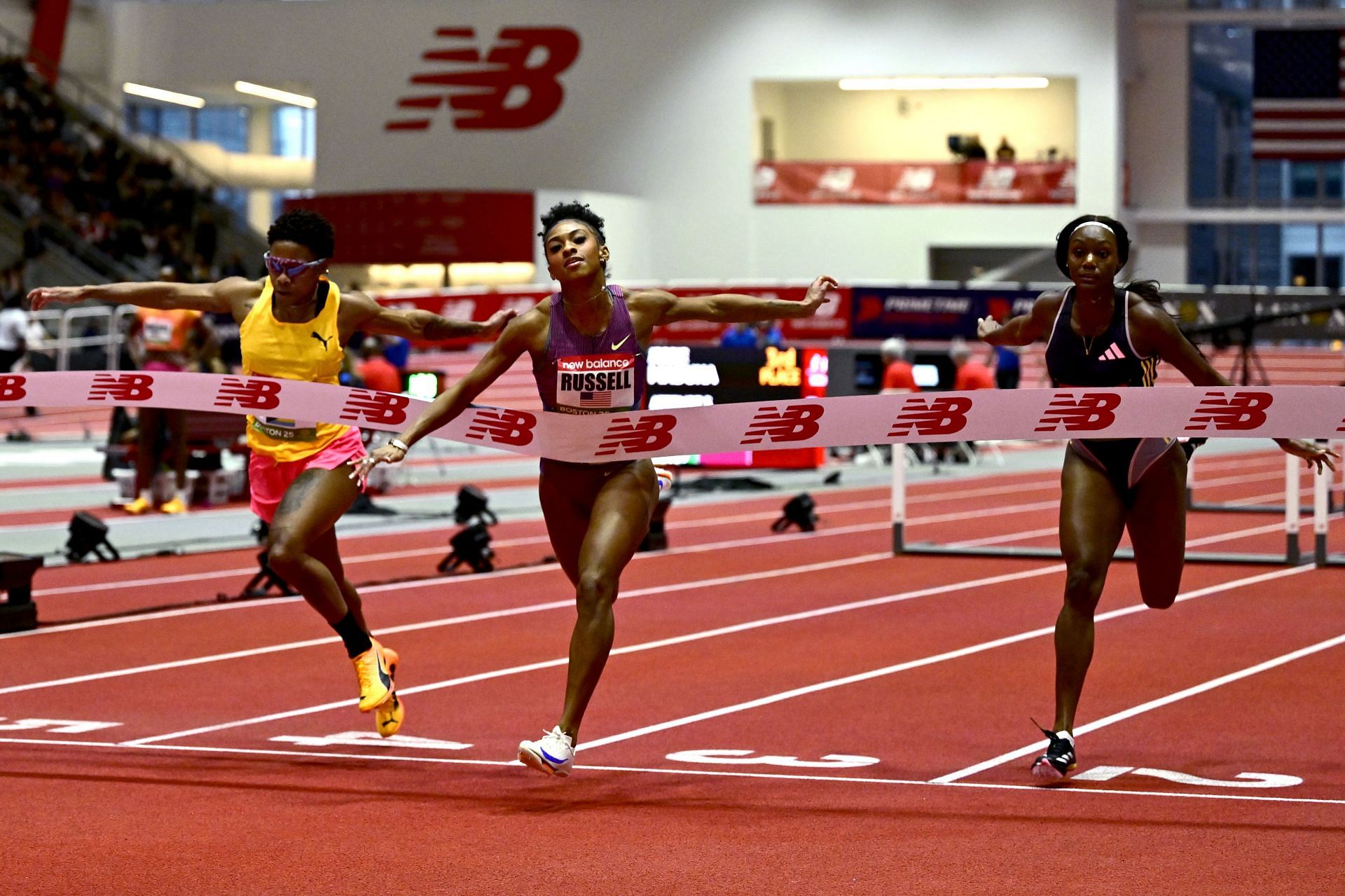 Masai Russell for the win at the New Balance Indoor Grand Prix - (Source: Getty)