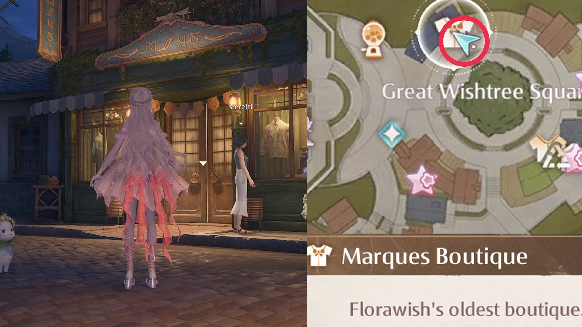 Location of Marques Boutique in Florawish (Image via Sportskeeda Gaming/Infold Games)