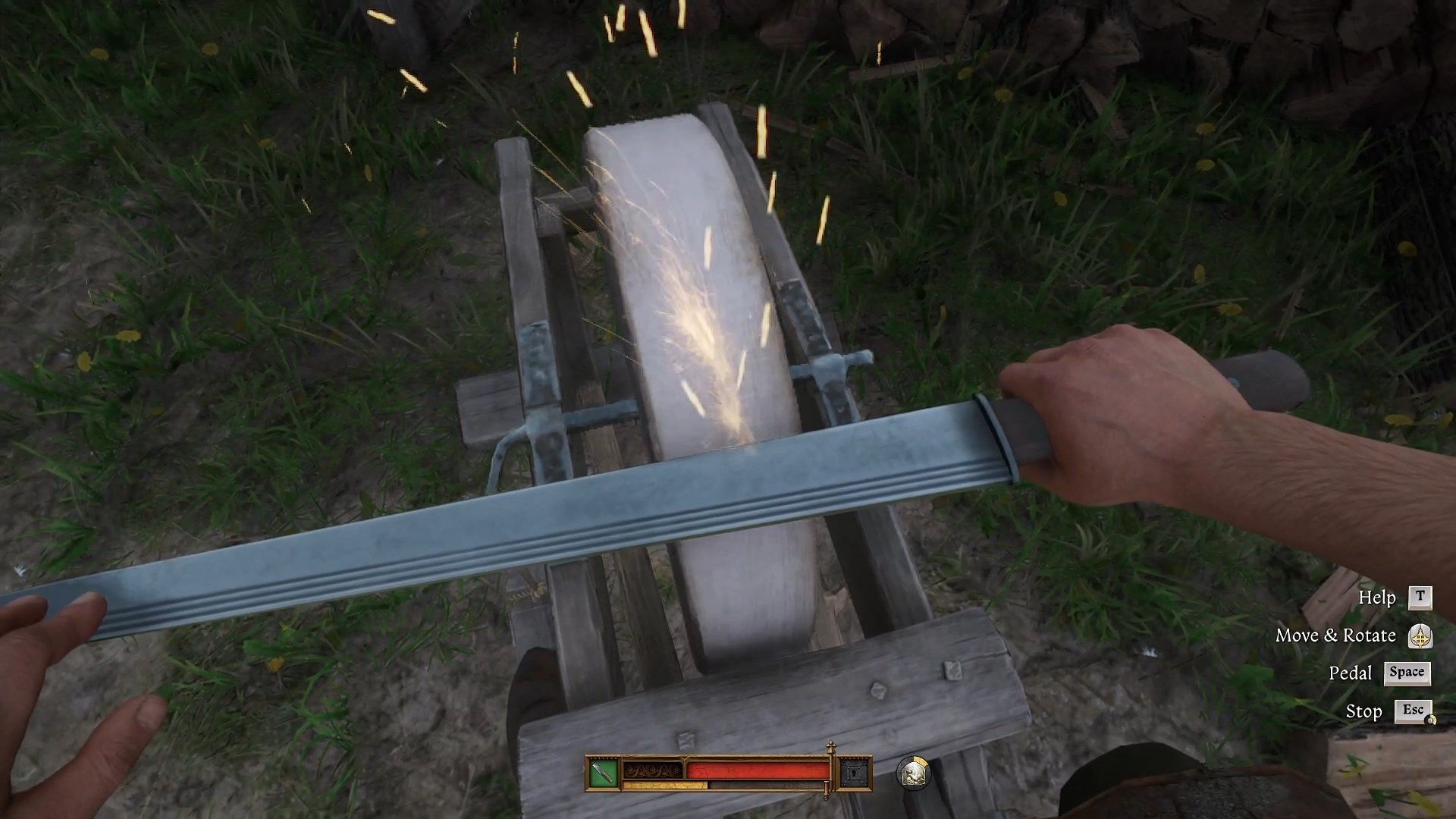 Properly position the weapon so that sparks fly off the blade (Image via Deep Silver)