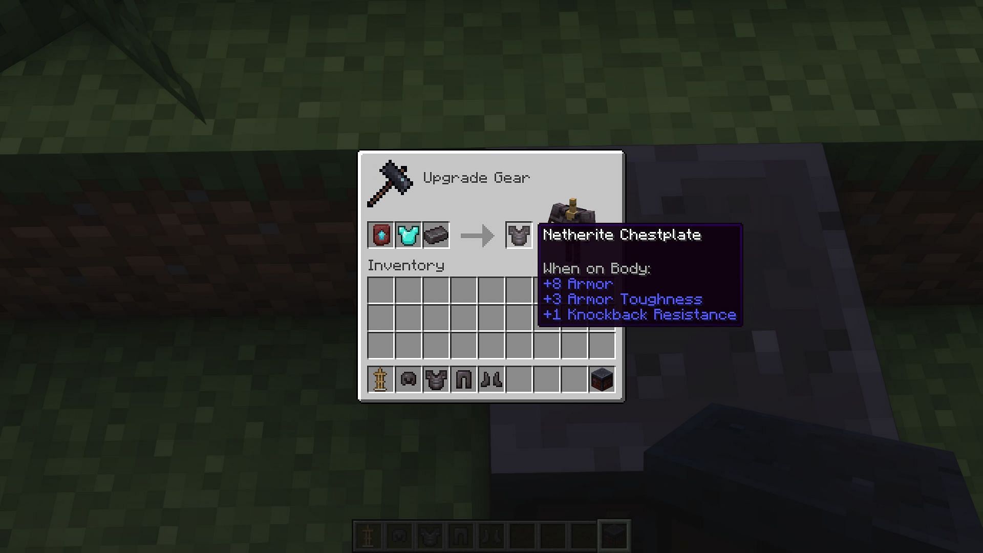 Netherite armor parts can be created by upgrading diamond armor with one netherite ingot (Image via Sportskeeda Gaming/Mojang)