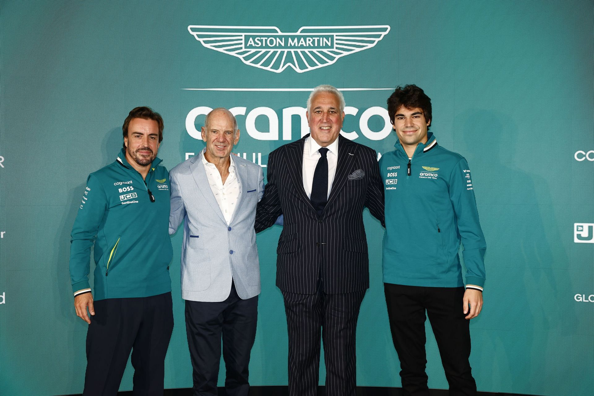 (L-R) Fernando Alonso, Adrian Newey, Lawrence Stoll, Lance Stroll. - Aston Martin Event, Sep 2024 - Source: Getty