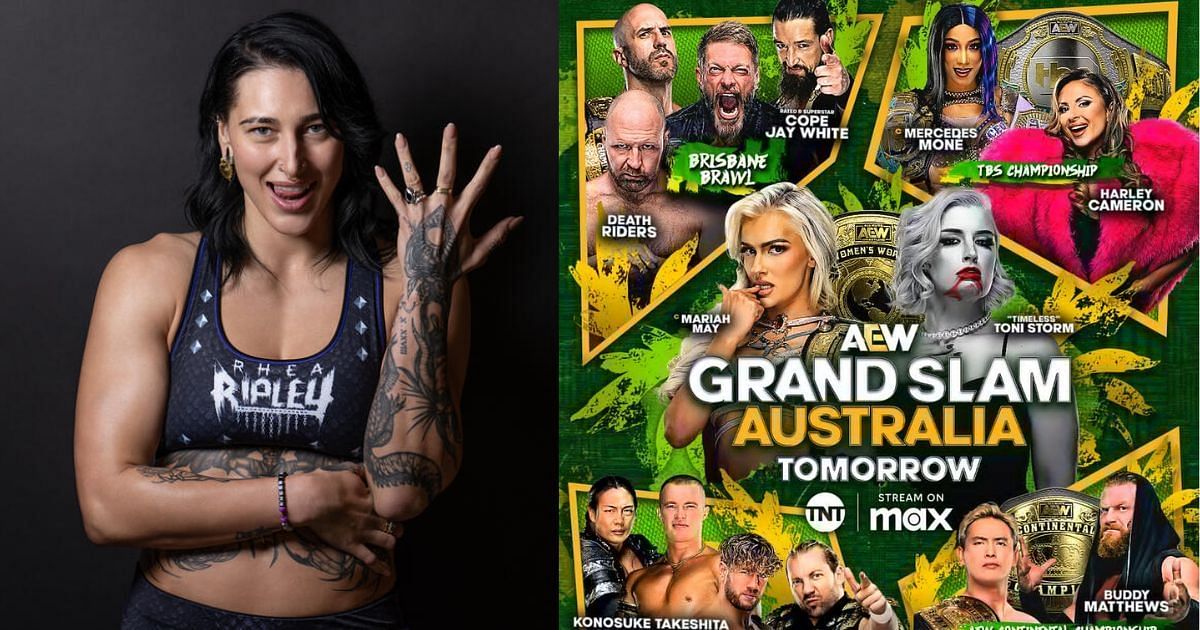 Rhea Ripley (left) and AEW Grand Slam 2025 poster (right) [Source: WWE gallery and AEW on X]