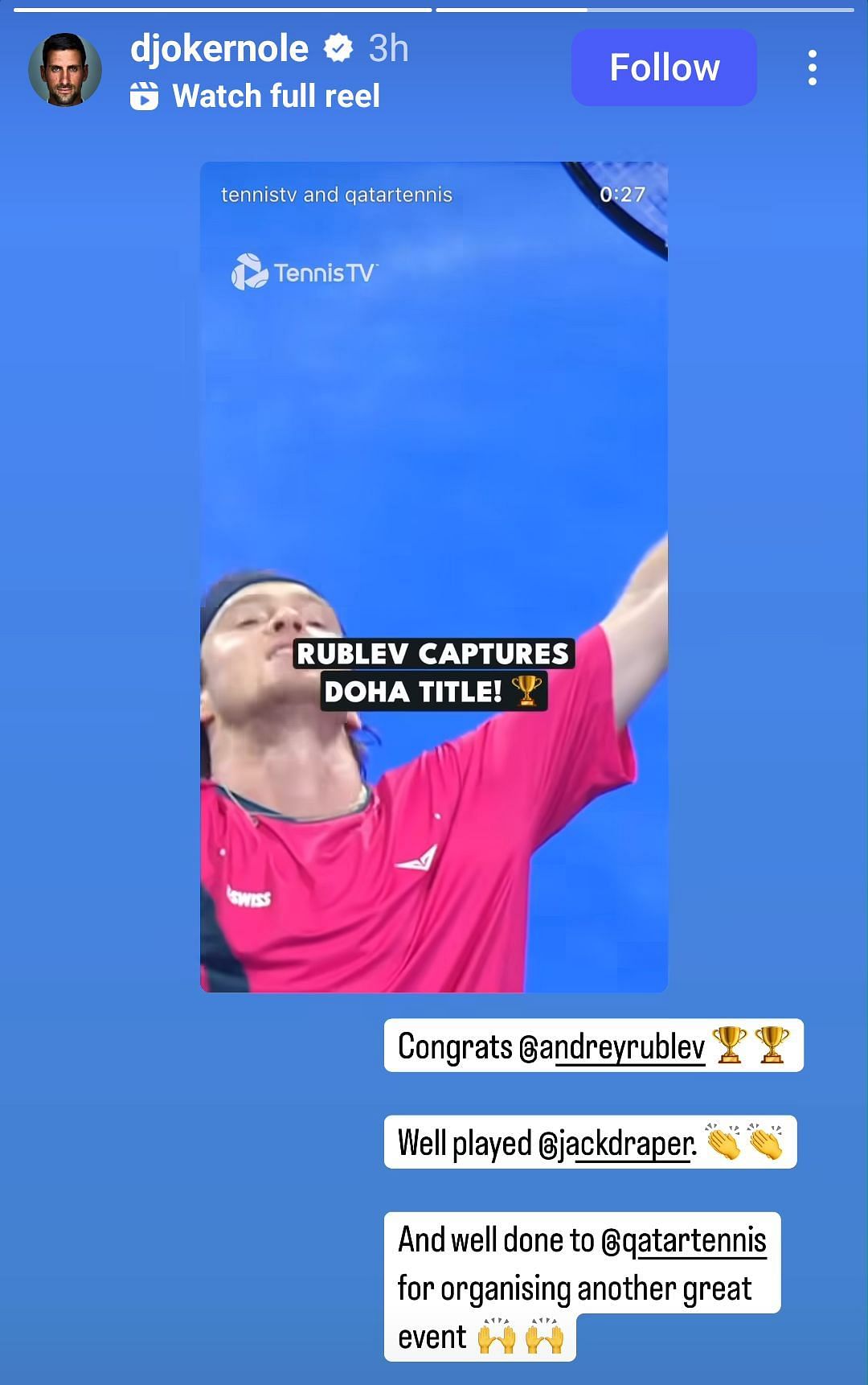 Screengrab of Novak Djokovic&#039;s Instagram story (Source: Djokernole Instagram)