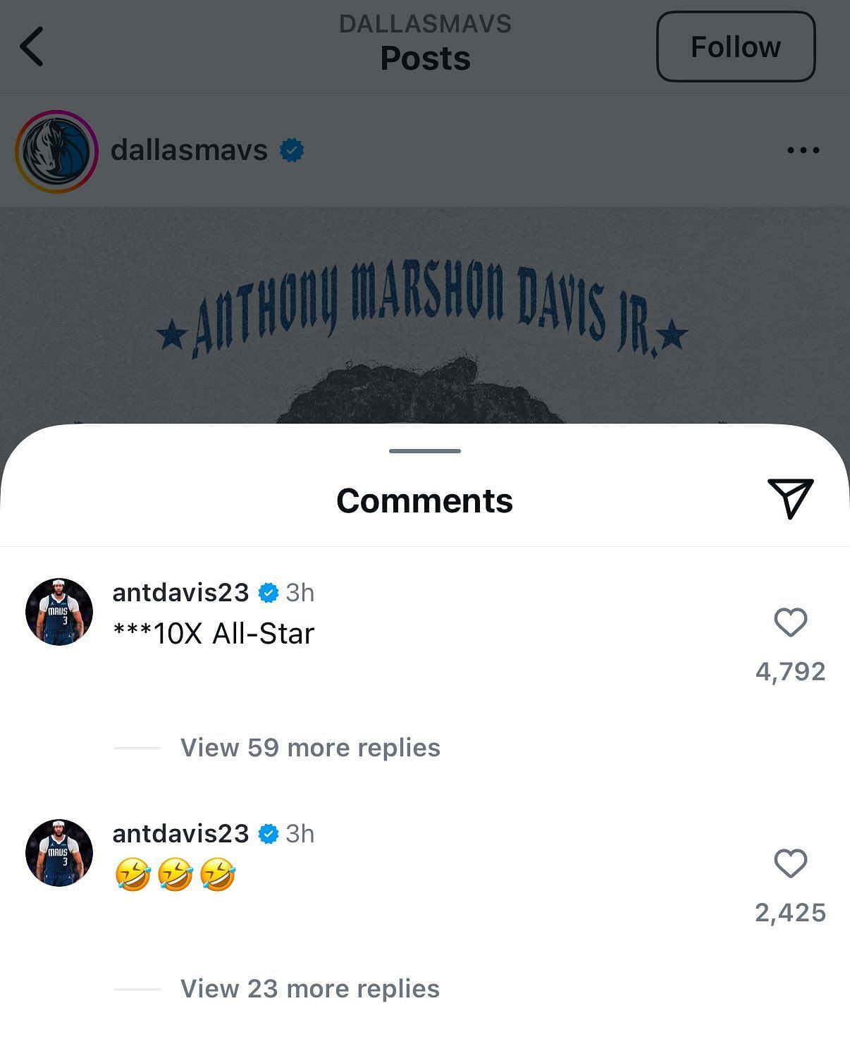 Anthony Davis&#039; comment under the Mavericks&#039; social media post