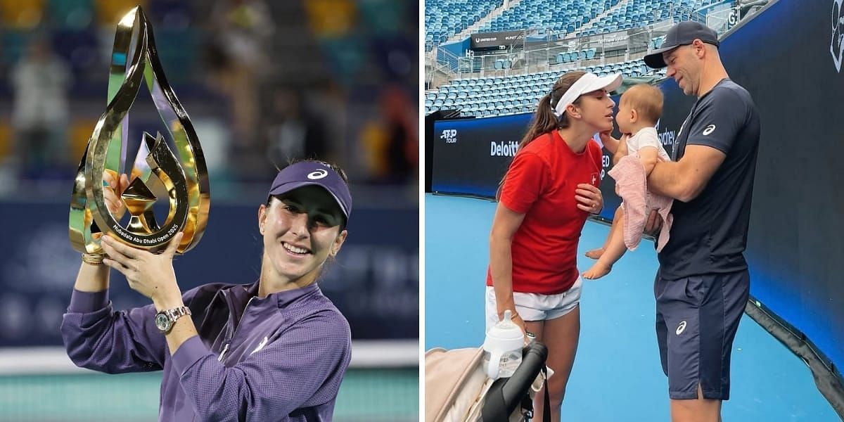 Belinda Bencic celebrates Abu Dhabi win with her daughter (Source - left/GETTY,  right/INSTAGRAM)