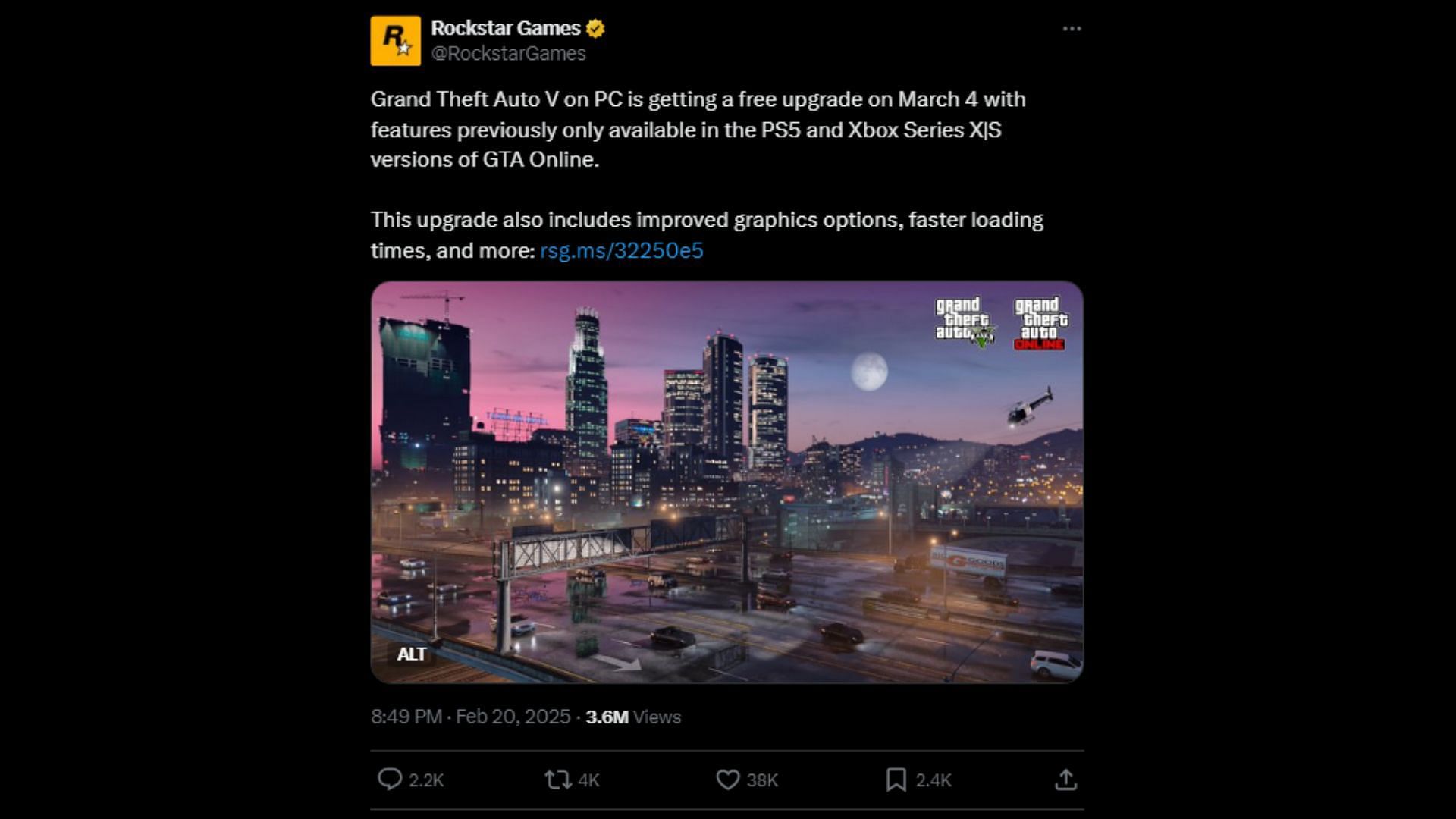 Rockstar Games&#039; tweet regarding when does GTA 5 Enhanced come out (Image via X/@RockstarGames)