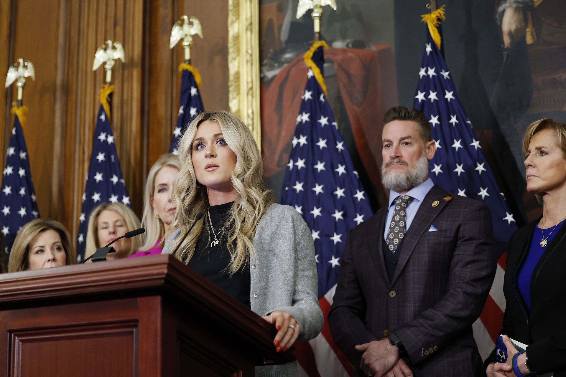 Riley Gaines at the House Republicans Speak Following Vote On The Protection Of Women And Girls In Sports Act - (Source: Getty)