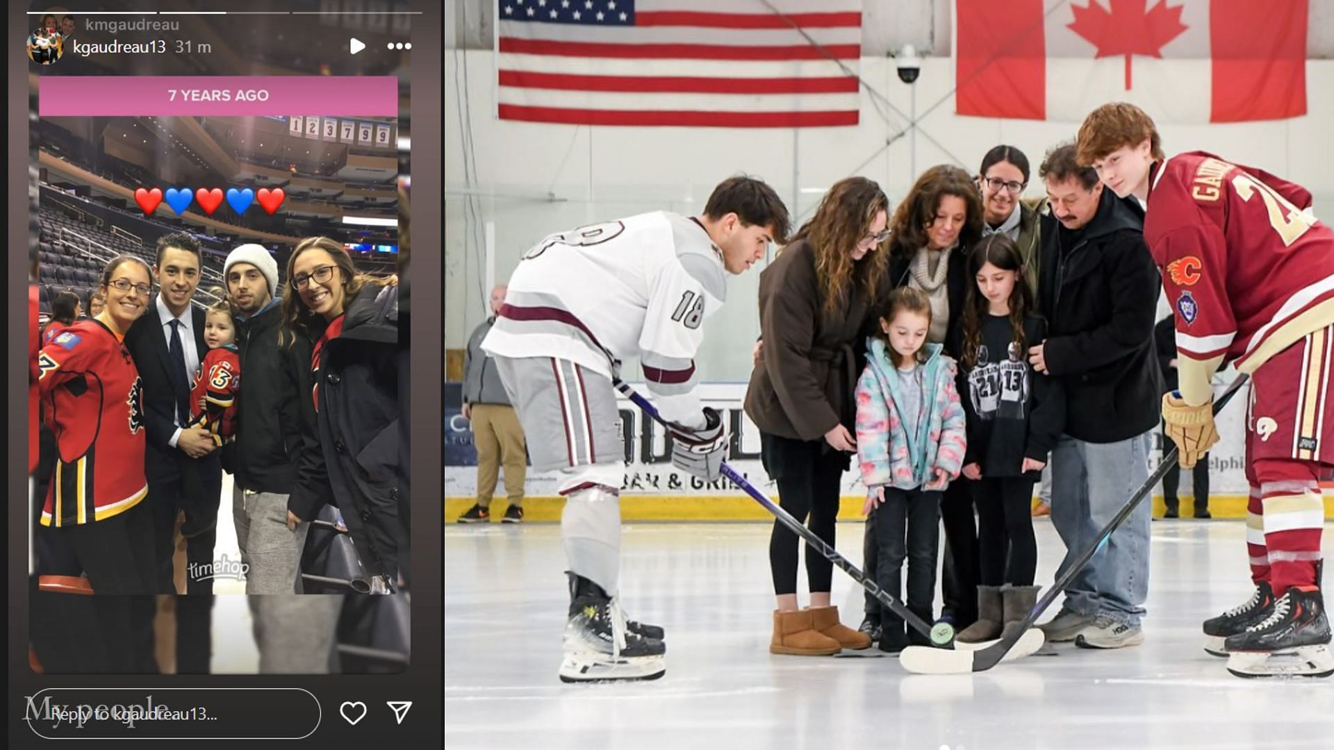 The Gaudreau siblings seven years ago and Johnny and Matthew being honored at Gloucester Catholic (right). (Credit: IG/@kgaudreau13, @gchsrams)